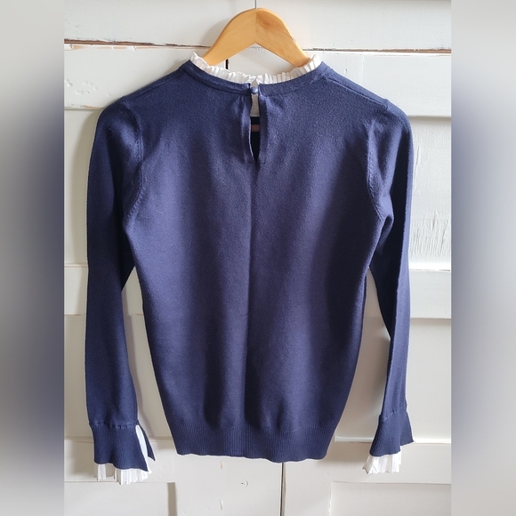 Vila Milano Navy Sweater | White Ruffle Trim Collar And Cuffs | Wool Blend | Sm - Picture 2 of 4